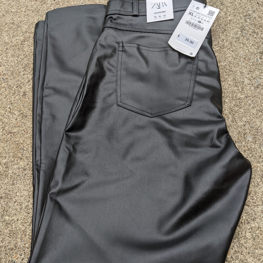 Women's ZARA Black Faux Leather Leggings Size XL